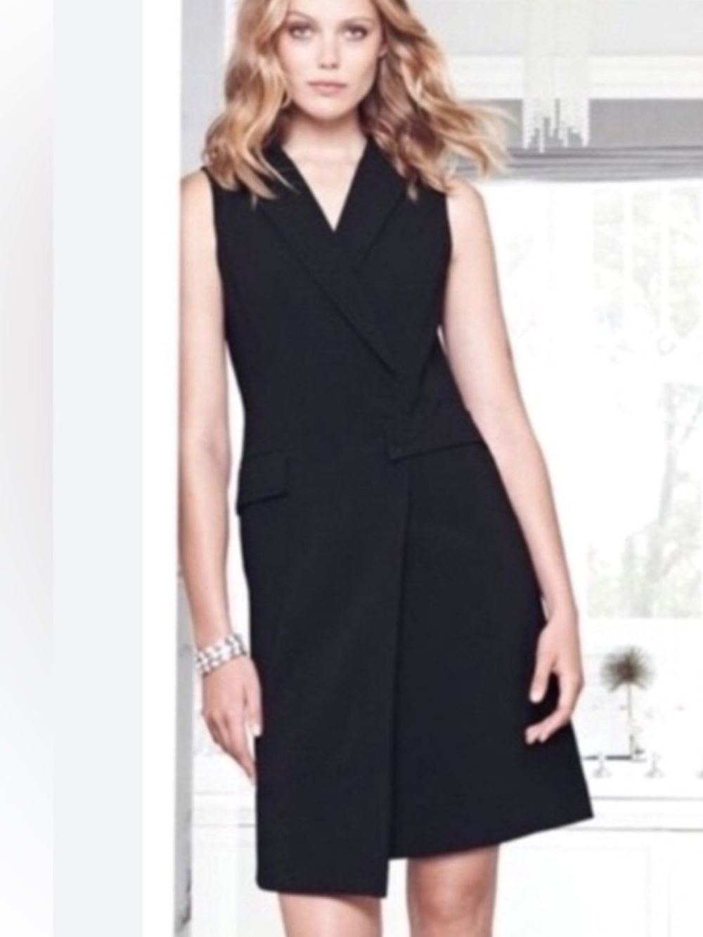 White House Black Market Button Front Sleeveless Tuxedo Dress, Black, Sz 10